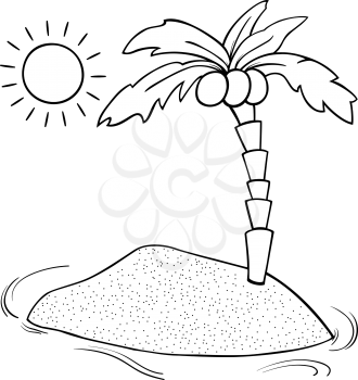 Black and White Cartoon Illustration of Desert Island with Coconut Palm for Coloring Book