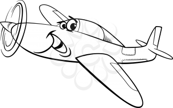 Black and White Cartoon Illustration of Funny Low Wing Plane Comic Mascot Character for Coloring Book