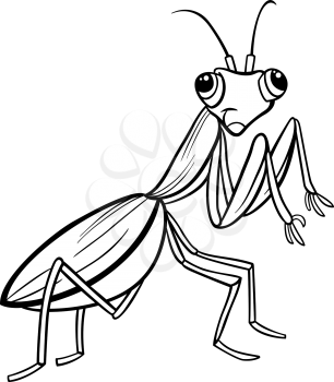 Black and White Cartoon Illustration of Funny Mantis Insect Character for Coloring Book