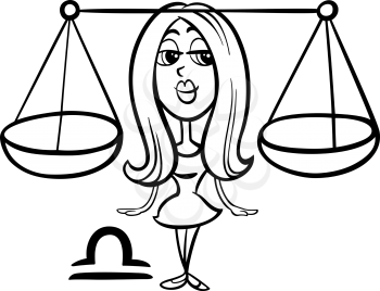 Black and White Cartoon Illustration of Libra or The Scales Horoscope Zodiac Sign for Coloring Book