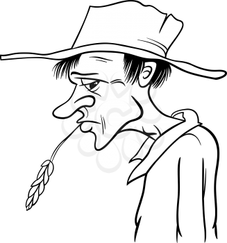 Black and White Cartoon Illustration of Farmer or Cowboy in the Hat ans Ear of Grain for Coloring Book