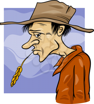Cartoon Illustration of Farmer or Cowboy in the Hat ans Ear of Grain