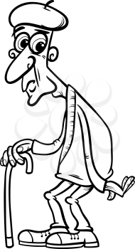 Black and White Cartoon Illustration of Old Men or Senior with Cane for Coloring Book