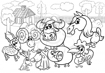 Black and White Cartoon Illustration of Country Rural Scene with Farm Animals Livestock Characters Group for Coloring Book
