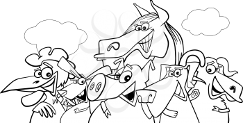 Black and White Cartoon Illustration of Farm Animals Livestock Characters Group for Coloring Book