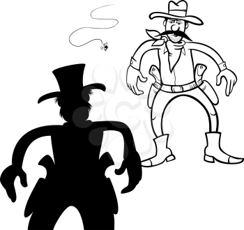Black and White Cartoon Illustration of Two Gunmen or Cowboys Gunfight Duel