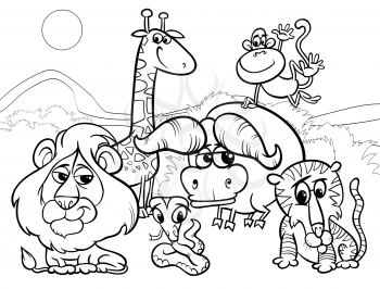 Black and White Cartoon Illustration of Scene with Wild African Animals Characters Group for Coloring Book