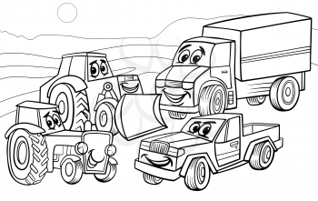 Black and White Cartoon Illustration of Funny Vehicles and Machines or Trucks Cars Comic Characters Group for Coloring Book