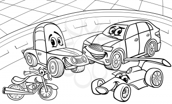 Black and White Cartoon Illustration of Funny Cars and Vehicles Comic Characters Group for Coloring Book