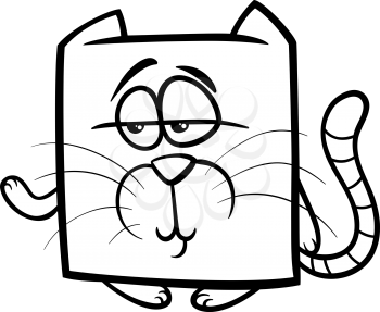 Black and White Cartoon Illustration of Funny Square Cat Character for Coloring Book