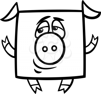 Black and White Cartoon Illustration of Funny Square Pig Character for Coloring Book