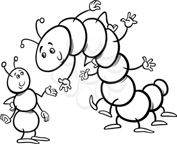Black and White Cartoon Illustration of Ant and Caterpillar or Millipede Insects Characters for Coloring Book