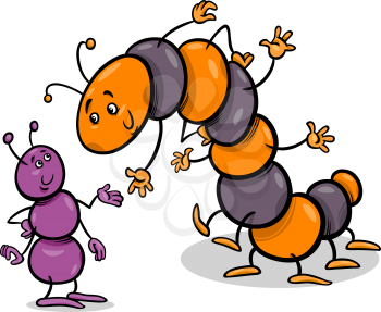 Cartoon Illustration of Ant and Caterpillar or Millipede Insects Characters