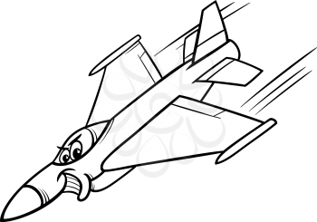 Black and White Cartoon Illustration of Funny Jet Fighter Plane Comic Mascot Character for Coloring Book