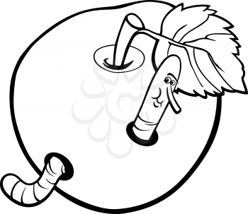 Black and White Cartoon Illustration of Funny Worm in the Apple Fruit for Coloring Book