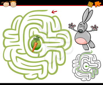 Cartoon Illustration of Education Maze or Labyrinth Game for Preschool Children with Cute Rabbit or Bunny and Carrot