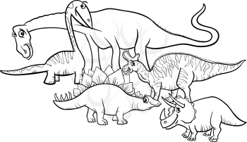Black and White Cartoon Illustration of Funny Prehistoric Dinosaurs Characters Group for Coloring Book