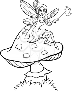 Black and White Cartoon Illustration of Cute Elf Fairy Fantasy Character on Toadstool Mushroom for Coloring Book