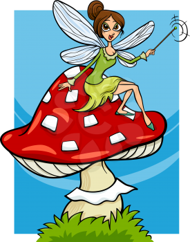 Cartoon Illustration of Cute Elf Fairy Fantasy Character on Toadstool Mushroom