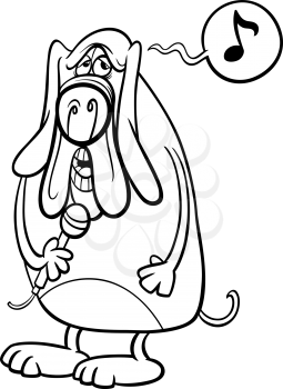 Black and White Cartoon Illustration of Funny Singing Dog Character for Coloring Book