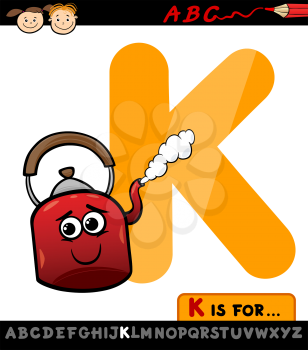 Cartoon Illustration of Capital Letter K from Alphabet with Kettle for Children Education