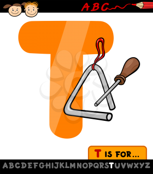 Cartoon Illustration of Capital Letter T from Alphabet with Triangle for Children Education