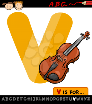 Cartoon Illustration of Capital Letter V from Alphabet with Violin for Children Education