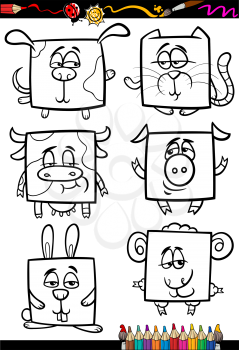 Coloring Book or Page Cartoon Illustration Set of Black and White Animals and Pets Characters for Children