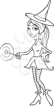 Black and White Cartoon Illustration of Cute Witch or Fairy Fantasy Character with Magic Wand for Coloring Book