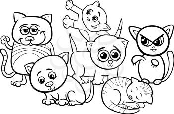Black and White Cartoon Illustration of Cute Funny Kittens or Cats Group for Coloring Book