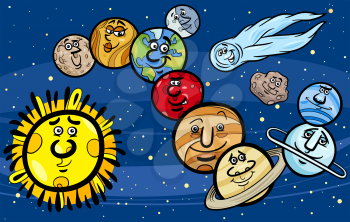 Cartoon Illustration of Funny Planets of Solar System Space Mascot Characters Group