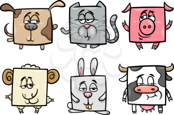 Cartoon Illustration of Funny Square Animals and Pets Characters