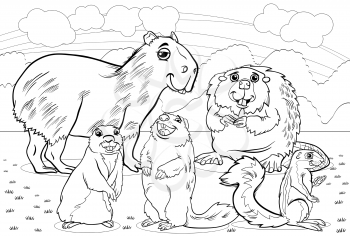 Black and White Cartoon Illustrations of Funny Rodents Mammals Animals Mascot Characters Group for Coloring Book