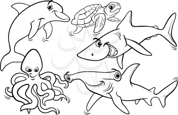 Black and White Cartoon Illustrations of Funny Sea Life Animals and Fish Mascot Characters Group for Coloring Book