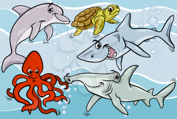 Cartoon Illustrations of Funny Sea Life Animals and Fish Mascot Characters Group