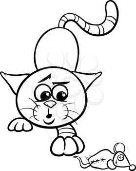 Black and White Cartoon Illustration of Cute Cat Playing with Toy Mouse for Coloring Book