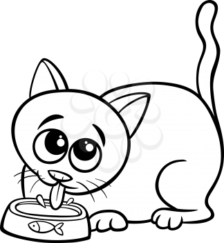 Black and White Cartoon Illustration of Cute Cat Drinking Milk from a Bowl for Coloring Book