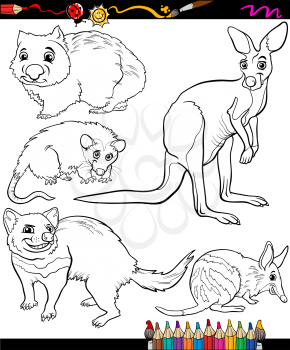 Coloring Book or Page Cartoon Illustration of Black and White Marsupials Wild Animals Characters for Children