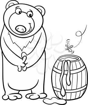 Black and White Cartoon illustration of Cute Bear with Barrel of Honey  for Coloring Book