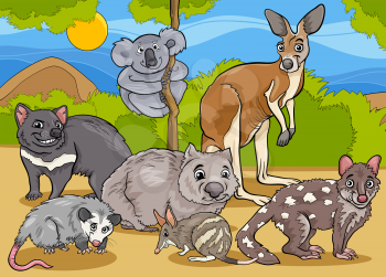 Cartoon Illustrations of Funny Marsupials Mammals Animals Mascot Characters Group