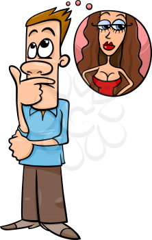 Cartoon illustration of Funny Man Thinking about Beautiful Woman