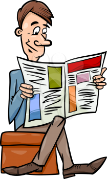 Cartoon illustration of Funny Man Reading a Newspaper