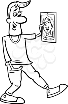 Black and White Cartoon illustration of Funny Man Video Chatting on Tablet or Phone for Coloring Book