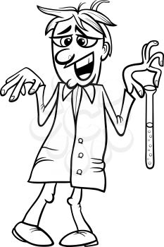 Black and White Cartoon Illustration of Funny Crazy Scientist with Substance in Vial for Coloring Book
