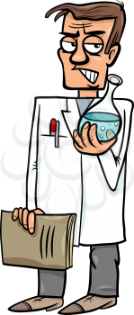 Cartoon Illustration of Funny Evil Scientist with Substance in Vial
