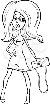 Black and White Cartoon Illustration of Gorgeous Beautiful Sexy Woman in Red Mini Dress for Coloring Book