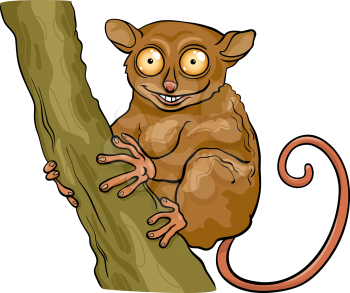Cartoon Illustration of Funny Tarsier Animal on Tree Branch