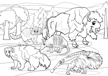 Black and White Cartoon Illustrations of Funny American Mammals Animals Characters Group for Coloring Book