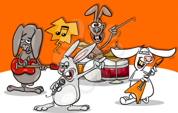 Cartoon Illustration of Funny Rabbits Band Playing Rock Music Concert