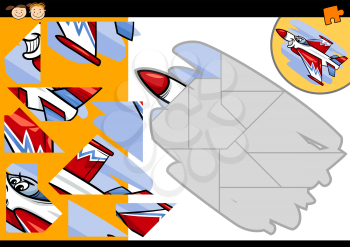Cartoon Illustration of Education Jigsaw Puzzle Game for Preschool Children with Funny Jet Fighter Plane Character